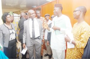 The Director, CEADESE, Prof. Olukayode Akinyemi explaining some vital matters to the Vice-Chancellor, while the DVC (A), Prof. Morenike Dipeolu, Director, CENIP, Dr. Abdul Adebowale and others listen